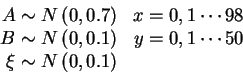 \begin{displaymath}\begin{array}{rr}
A \sim N\left(0,0.7\right) & x = 0,1 \cdots...
...y = 0,1 \cdots 50 \\
\xi\sim N\left(0,0.1\right) & \end{array}\end{displaymath}