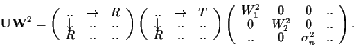 \begin{displaymath}{\bf U W}^2 = \left( \begin{array}{ccc}
.. & \rightarrow & R...
...2^2 & 0 & ..\\
.. & 0 & \sigma_n^2& ..
\end{array} \right)
.
\end{displaymath}