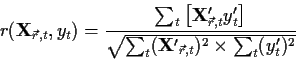 \begin{displaymath}r({\bf X}_{\vec{r},t},y_t)= \frac{\sum_t \left[ {\bf X}'_{\ve...
...\sqrt{\sum_t ({\bf X'}_{\vec{r},t})^2 \times \sum_t (y'_t)^2}}
\end{displaymath}